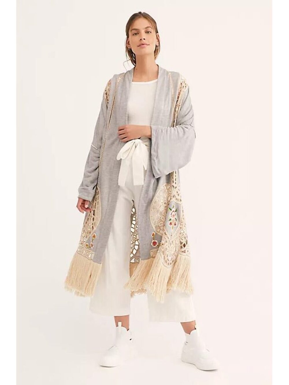 Rare Free People Belle Femme Kimono Embroidered Cutwork Fringe XS Small